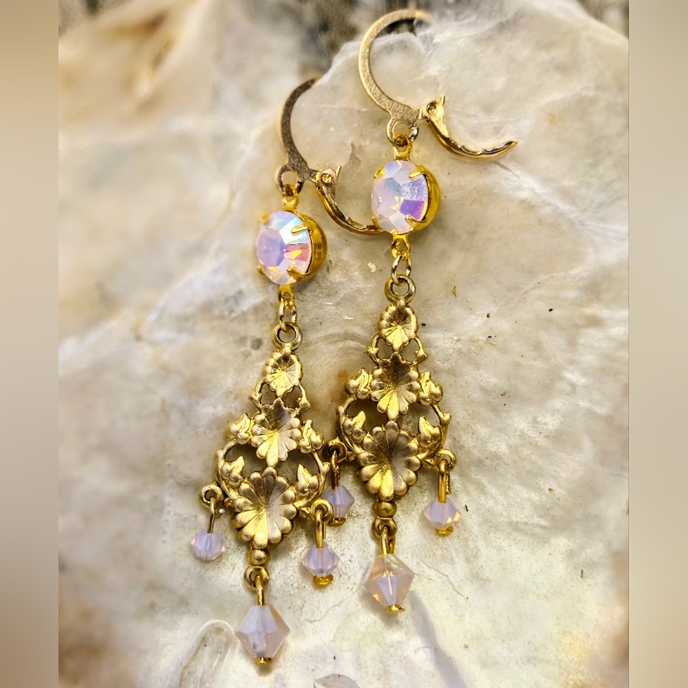 Victorian Pink AB & Rosewater AB Crystal Chandelier Earrings In 18K Gold Plated